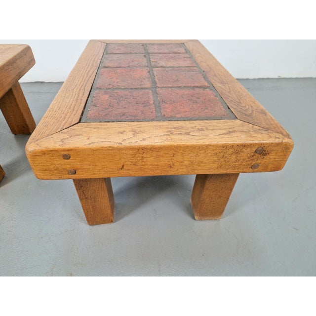Brown Brutalist Oak Side Tables with Terracotta Tiles, 1950s, Set of 2 For Sale - Image 8 of 12