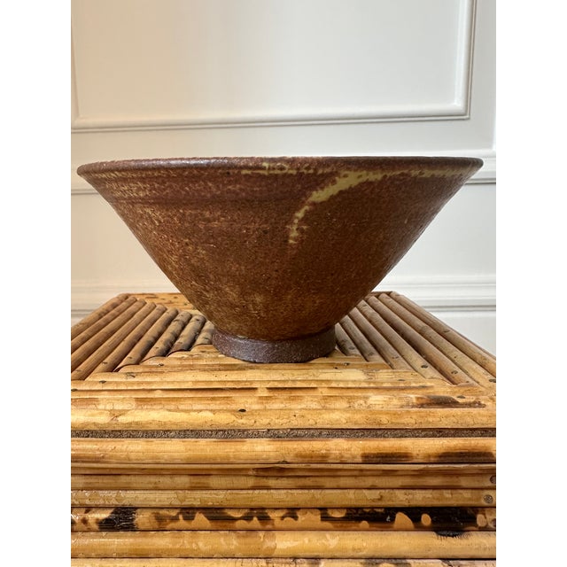 Ceramic Vintage 1970’s Signed Brown Terracotta Bowl in Bronze & Pale Green Shades For Sale - Image 7 of 17