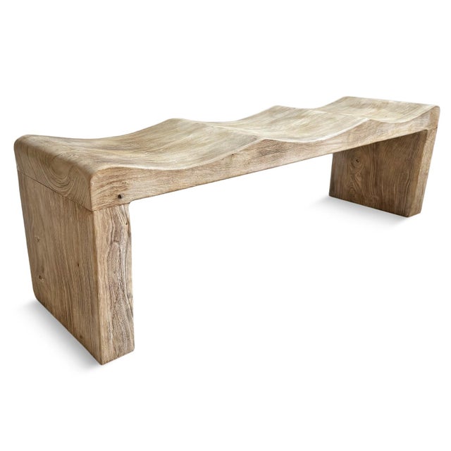 Contemporary Washed Teak Wave Coastal Conetmporary Bench For Sale - Image 3 of 7