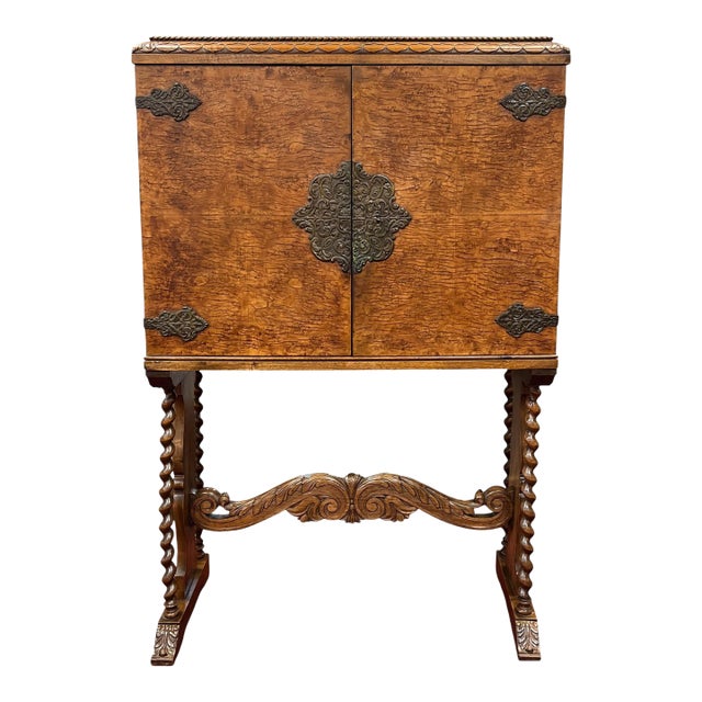 William & Mary Revival Burl Walnut Cabinet on Stand, Circa 1920s, Attributed For Sale