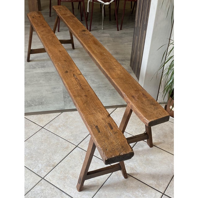 Rustic Vintage Farmhouse Benches in Oak, 1950s, Set of 2 For Sale - Image 3 of 18