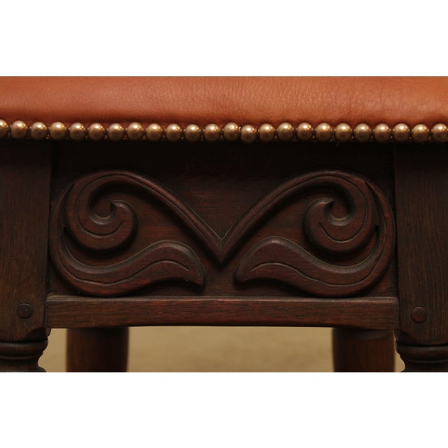Kittinger 1920's Jacobean Style Carved Walnut Leather Seat Stool Chairish