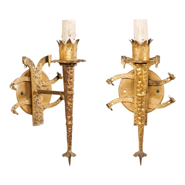 French Torch-Style Hammered Iron Sconces - A Pair For Sale