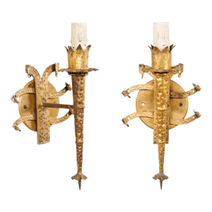 French Torch-Style Hammered Iron Sconces - A Pair