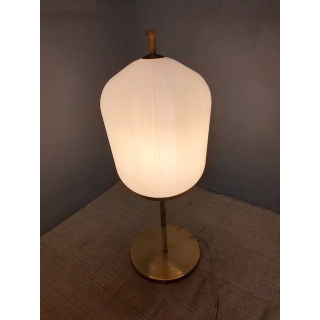 Satin Brass & Large Ribbed Milky Glass Floor Lamp For Sale - Image 16 of 17
