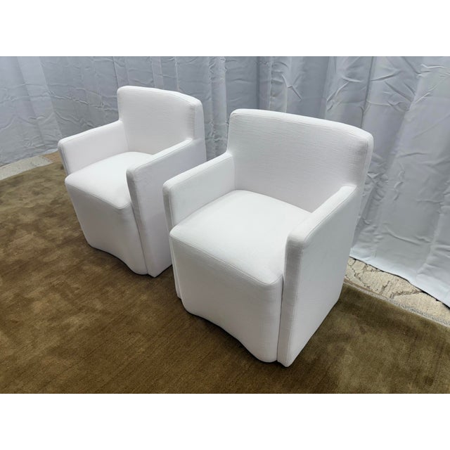 Contemporary Set of Two Rh Aurelie Track Arm Fabric Dining Armchairs Perennials® Performance Textured Linen Weave — White, Recessed Caster Base For Sale - Image 3 of 18