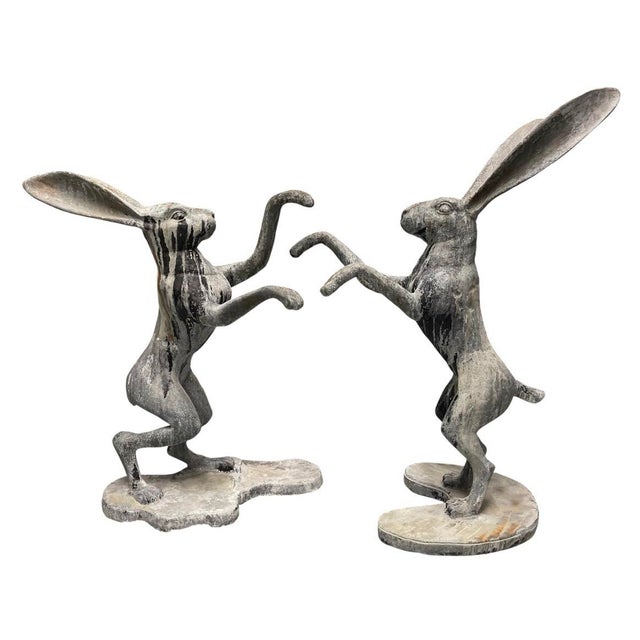 A Pair of Vintage Cast Iron Boxing Hares Garden Statues For Sale In West Palm - Image 6 of 12