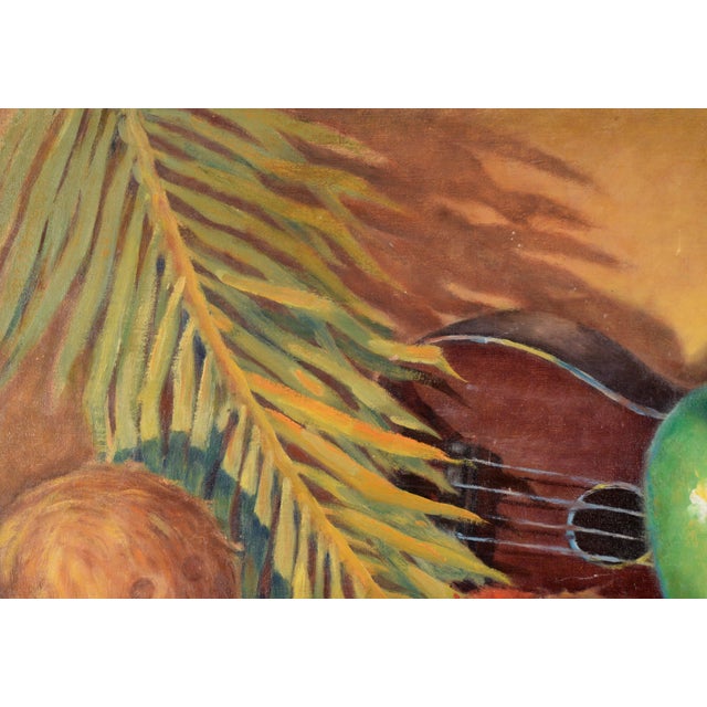 Tropical Still Life With Green Pot and Ukulele in Oil on Wood Panel by N. Weber For Sale - Image 4 of 9