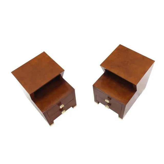 Pair of very nice Mid-Century Modern or Art Deco end tables in burl walnut with brass hardware.