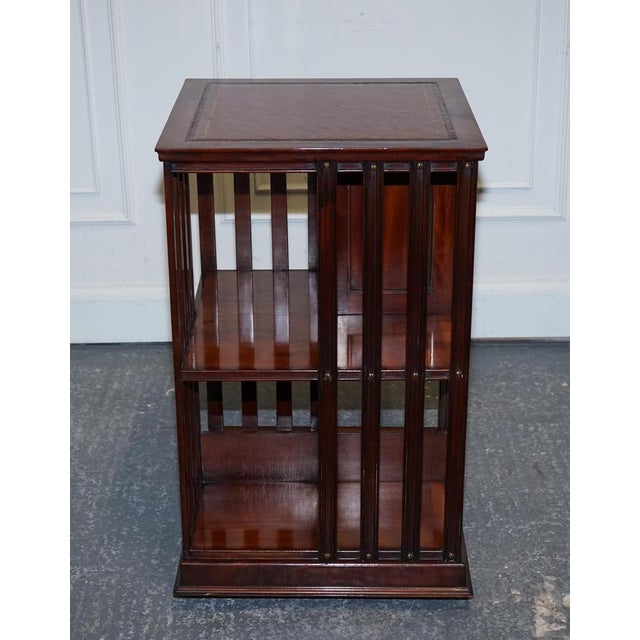 Revival Inlaid Revolving Bookcase End Table with Brown Aged Leather Top For Sale - Image 6 of 18