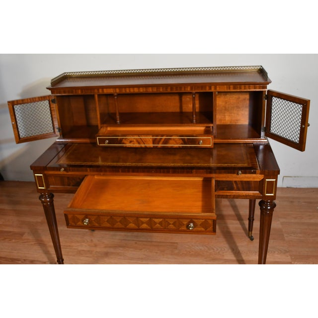 1930s Wieman Hepplewhite Style Leather Top Mahogany Inlaid Writing Desk With Bookcase For Sale - Image 10 of 18