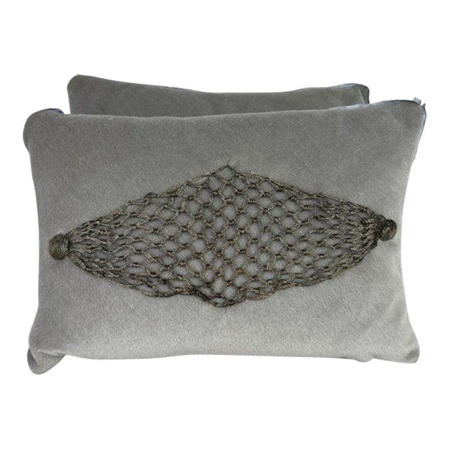 Pair of Custom Gray Mohair & Metallic Lace Pillows For Sale