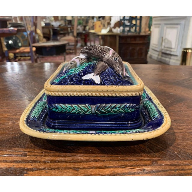 Blue 19th Century English Majolica Hand Painted Sardine Cover Box With Plate For Sale - Image 8 of 10