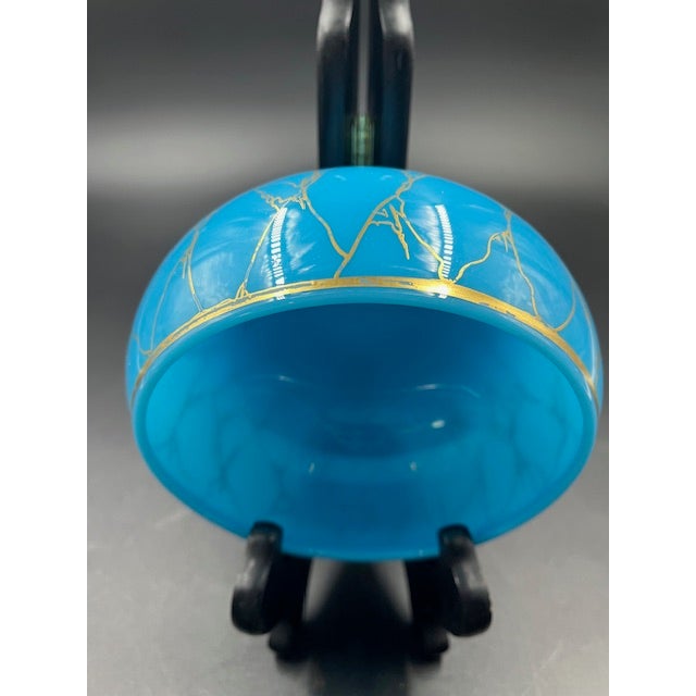 Blue Mid 19th Century Beautiful Antique Blue Vitrified Opaline Bowl With Gilt Net Design For Sale - Image 8 of 12