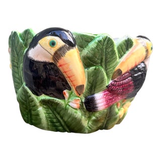 Vintage Majolica Toucan Sculptural Bowl — Tropical Leaf Surround, Hand Painted For Sale