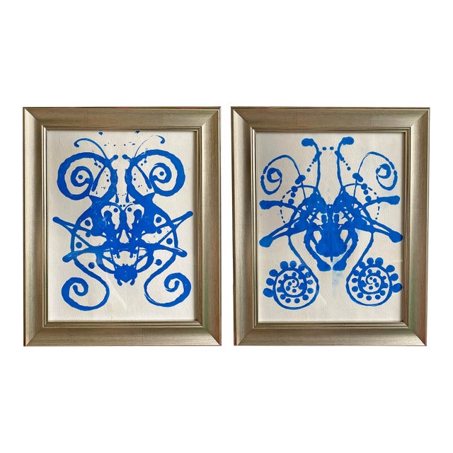 Original Rorschach Test–Inspired Abstract Paintings – Hand-Painted Acrylic on Rice Paper, Framed Modern Art Set For Sale
