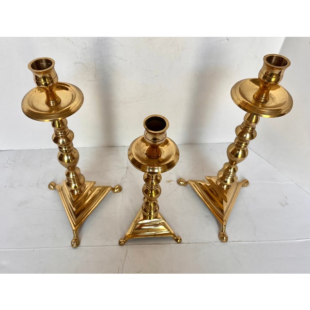 Vintage 1970s Brass Clawfoot Candle Holders - Set of 3 For Sale - Image 11 of 13
