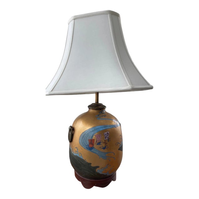 Early 20th Century Brass Reverse Painted Asian Sail Junk Ship Boat Wave Theme Lamp For Sale