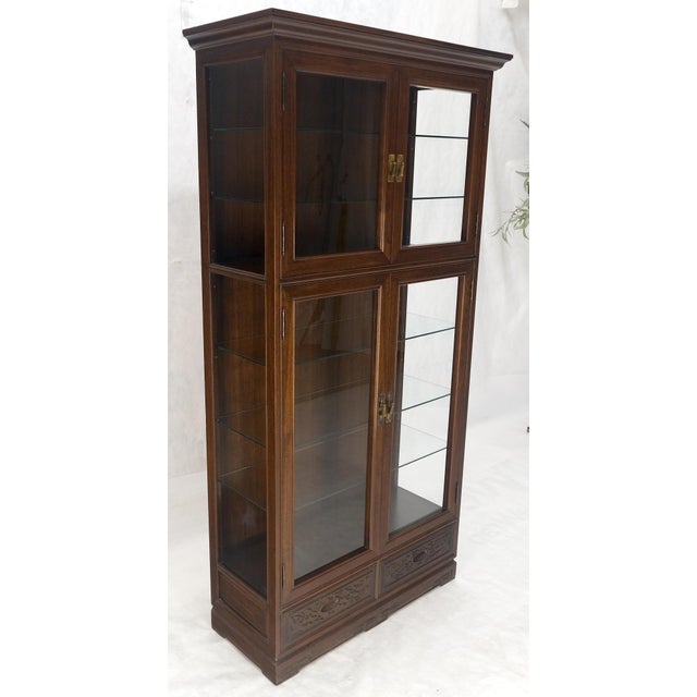 4 Doors Carved Teak 5 Shelves 2 Bottom Drawers 72" Tall Curio Cabinet Showcase For Sale - Image 9 of 14