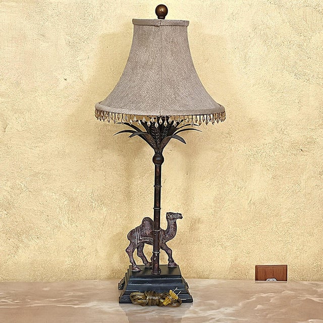 Safari Berman Camel Table Lamp With Palm Motif Stem, Bronze-Tone Desert Safari Accent Lamp, 29"h For Sale - Image 3 of 18