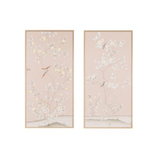 Simon Paul Scott Jardins en Fleur "Pavenham Court" Chinoiserie Hand-Painted Silk Diptych - 2 Pieces For Sale
