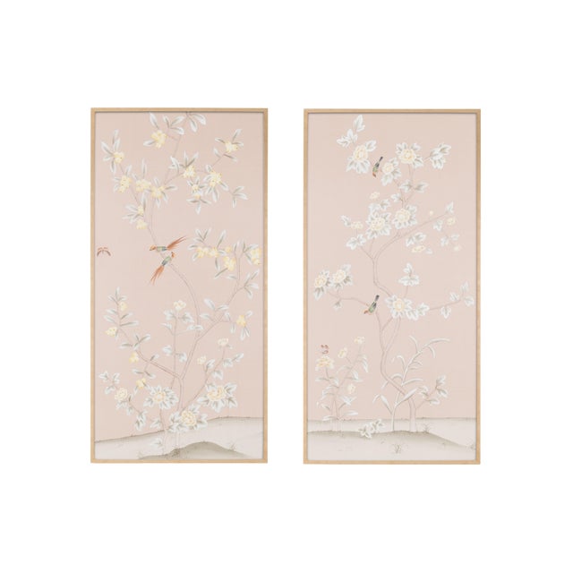 Simon Paul Scott Jardins en Fleur "Pavenham Court" Chinoiserie Hand-Painted Silk Diptych - 2 Pieces For Sale