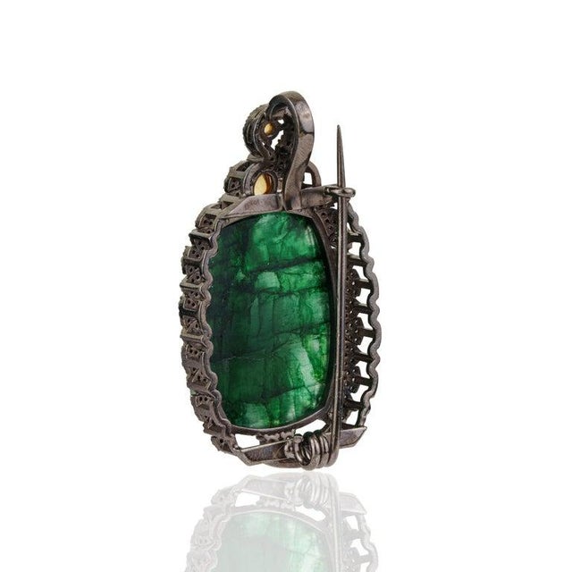 Gemstone Handcrafted Carved 20.85 Ct Emerald Brooch Pendant With Diamond Accents For Sale - Image 7 of 13