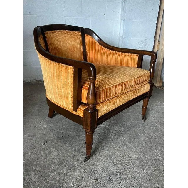Pair of Vintage Hollywood Regency Style Mahogany Inlaid Club Lounge Armchairs by Statesville Club For Sale - Image 4 of 12