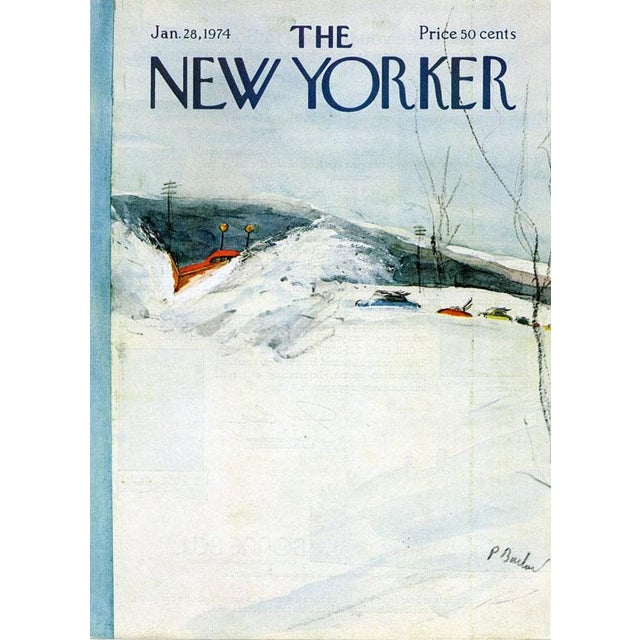 Original vintage New Yorker magazine cover dated January 28, 1974 featuring a Winter Sports and Skiing theme. Cover...