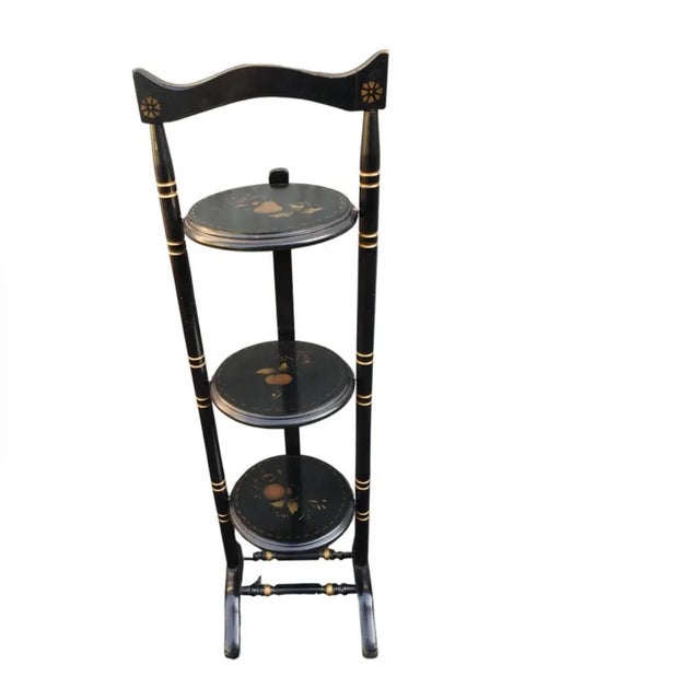Standard Chair of Gardner Stenciled Wood 3 Shelf Folding Tilt Table Etagere For Sale - Image 4 of 7