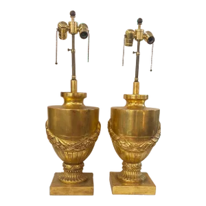Pair of 2000s Wooden Gold Leaf Large Lamps