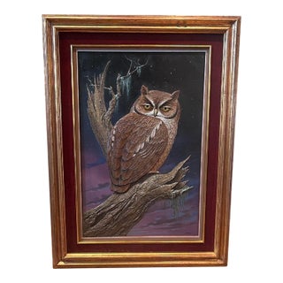 Original High-Relief Mixed Media Owl Painting by Luis Strempler-1985 For Sale