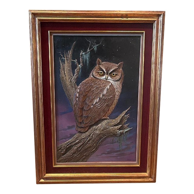 Original High-Relief Mixed Media Owl Painting by Luis Strempler-1985 For Sale