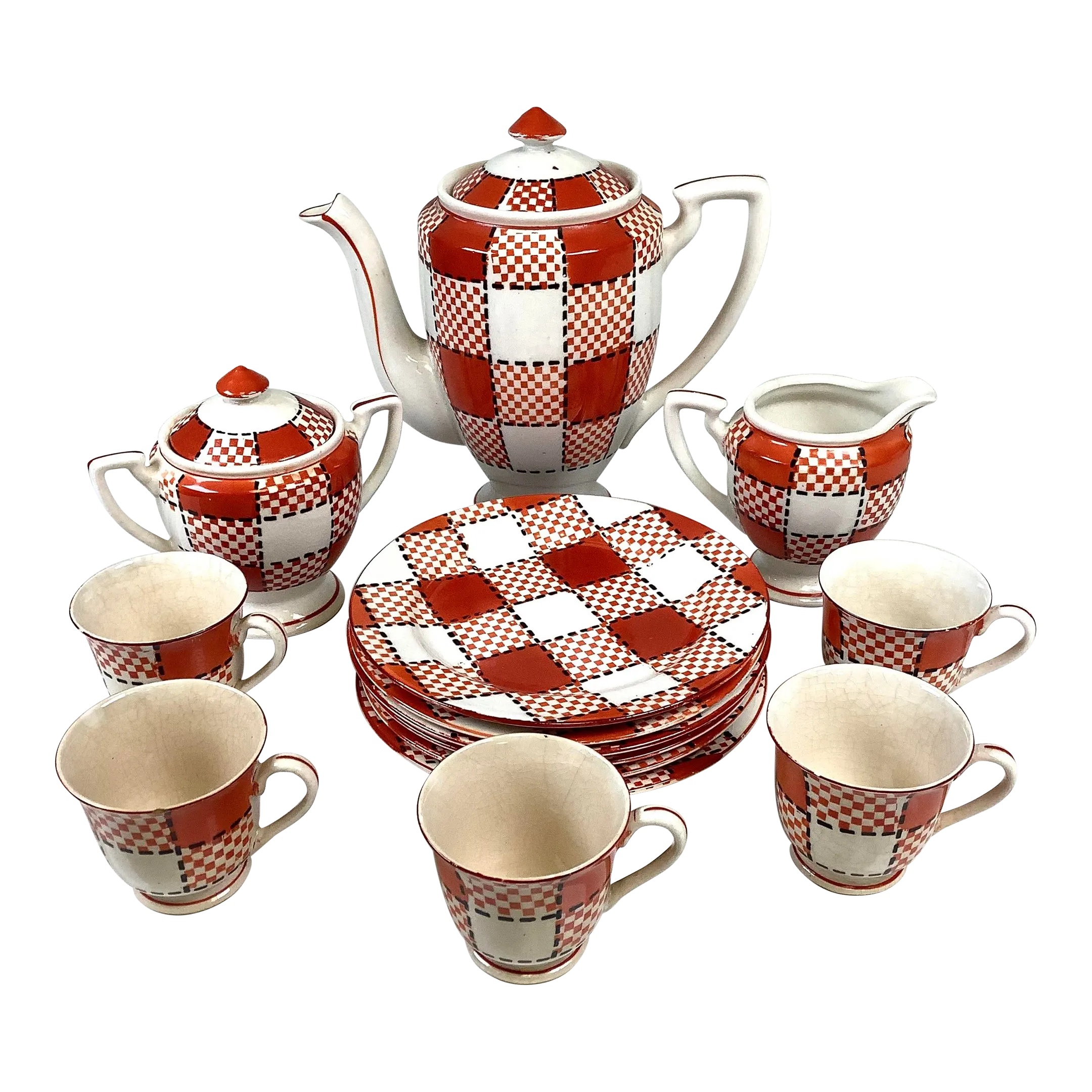 Vintage Kikusui Japan Checkers Red, Orange Ceramic Pitcher