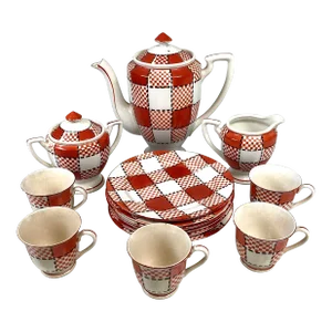 Vintage Kikusui Japan Checkers Red, Orange Ceramic Pitcher & Creamer Set- 14 Pieces