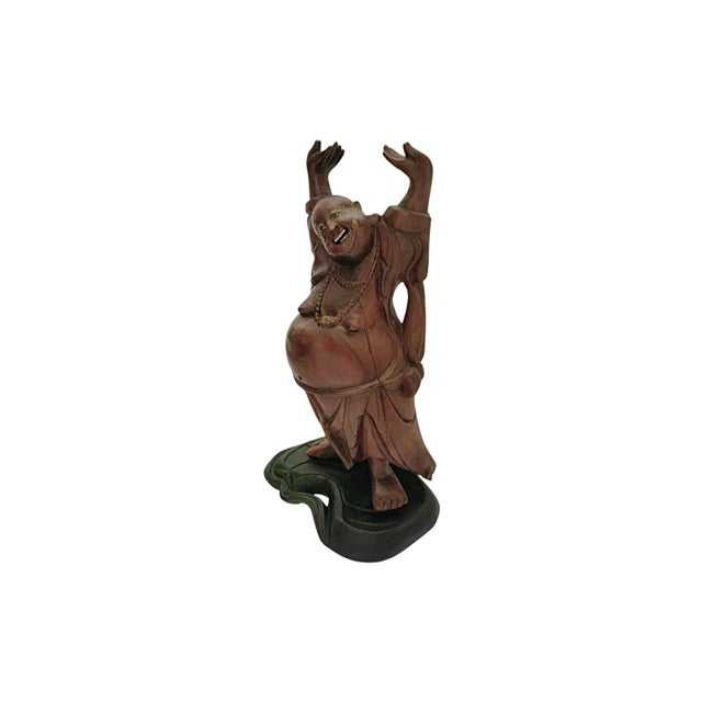Chinese Late 20th Century Buddha Sculpture Carved Wood With Inlaid Eyes and Teeth Vintage Chinese Wealth Figure For Sale - Image 3 of 9