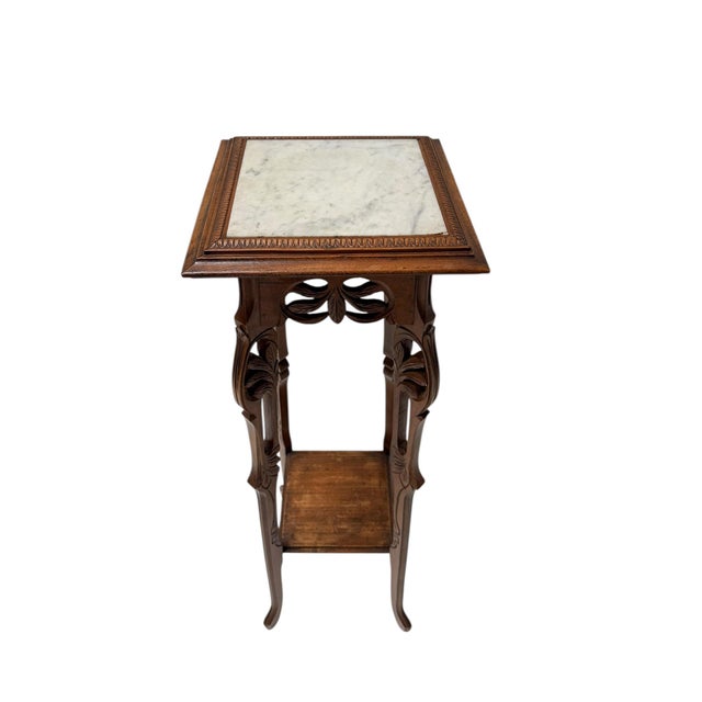 Art Nouveau Pedestal Plant Stand in Hand-Carved Beech & Marble, 1900s For Sale - Image 4 of 10