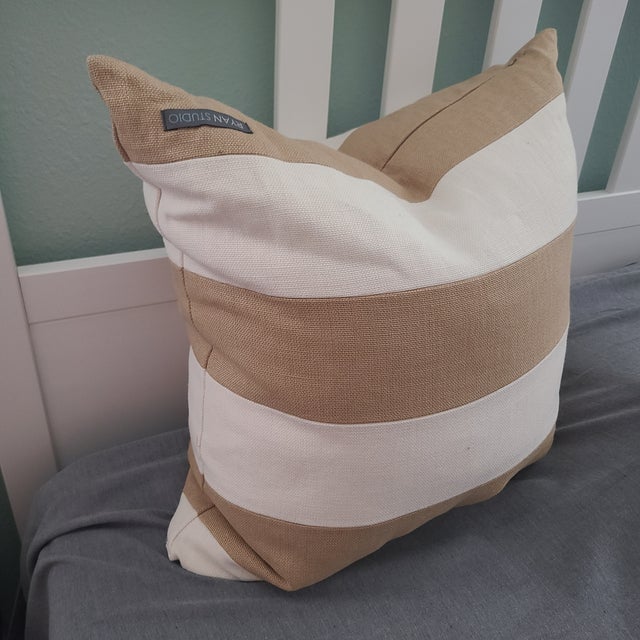 Ryan Studio 22 X 22 Pillow Ivory Taupe Striped Linen Feather/Down Insert Usa For Sale - Image 4 of 5