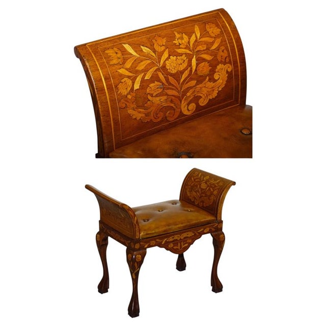Antique Dutch Marquetry Window Piano Stool with Hand-Dyed Chesterfield Seat For Sale - Image 16 of 16