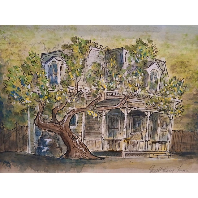 The piece features soft washes of green, blue, and warm earth tones, rendered in watercolor with fine ink linework on...