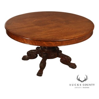 Antique 57" Round Oak Pedestal Dining Table With Carved Claw Feet For Sale