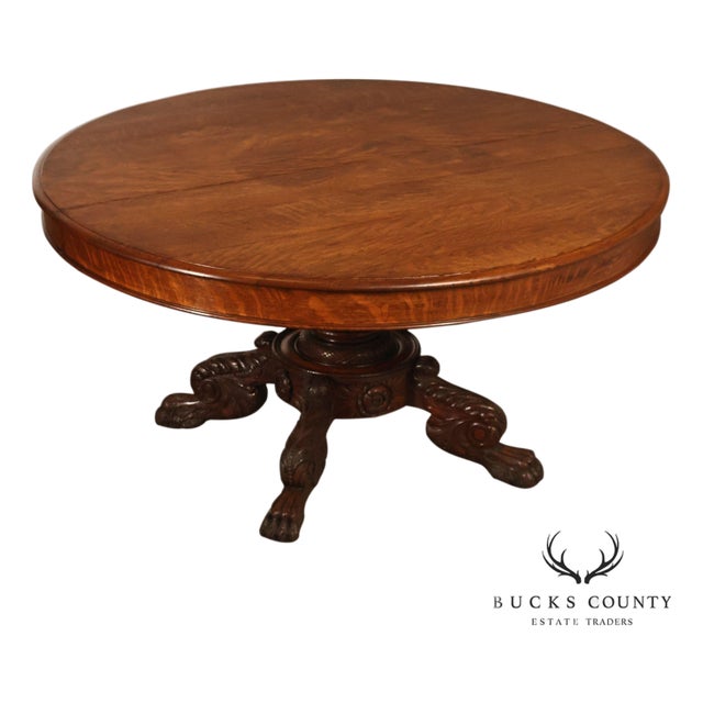 Antique 57" Round Oak Pedestal Dining Table With Carved Claw Feet For Sale