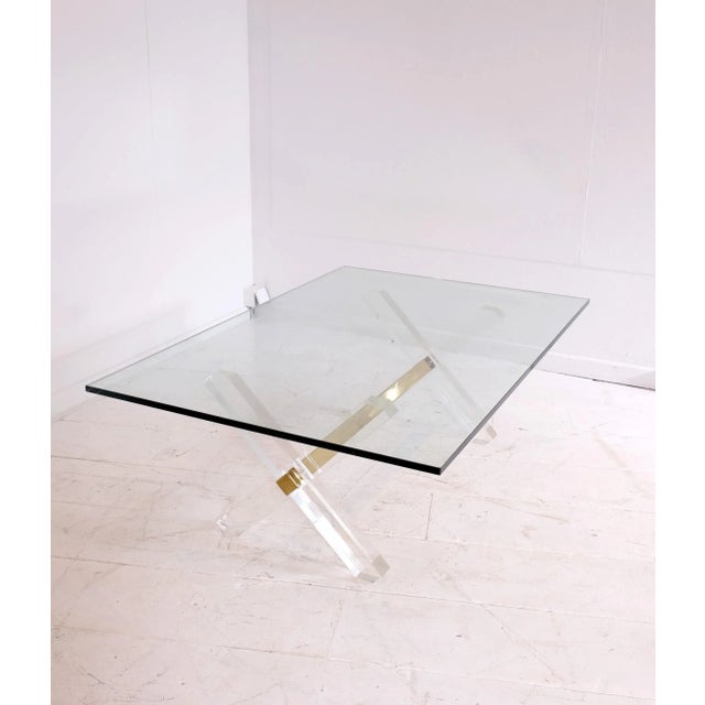 Mid-Century Modern French Gilt Brass, Acrylic Glass & Glass Coffee Table, 1980s For Sale - Image 3 of 9