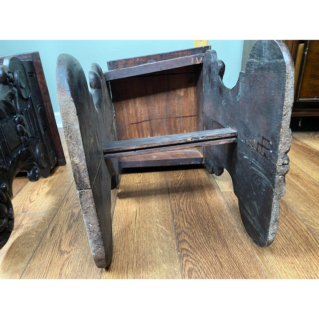 Pair of 19th-Century Italian Renaissance Revival Carved Walnut Sgabelli Chairs For Sale - Image 9 of 12