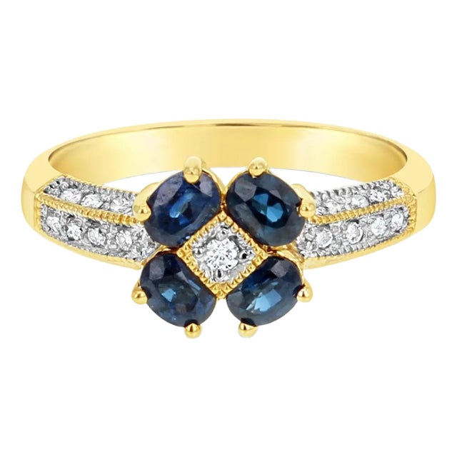 Diamond & Sapphire Flower Ring .85cttw 14K Yellow Gold, Size 7 For Sale