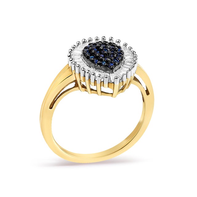 Contemporary 10K Yellow Gold 1/2 Cttw Round & Baguette Cut Diamond Pear Shaped Domed Pavé Cluster with Halo Cocktail Ring (J-K Color, I1-I2 Clarity) - Size 6.5 For Sale - Image 3 of 6