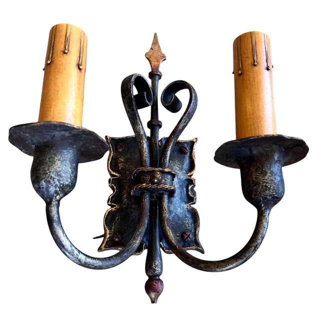 Mediterranean 1920 Mediterranean Inspired Sconces, Iron and Brass With Original Old Paints - a Pair For Sale - Image 3 of 6