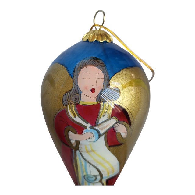 Hand-Painted Li Bien Angel Ornament With Gold & Blue Accents in Gift Box For Sale