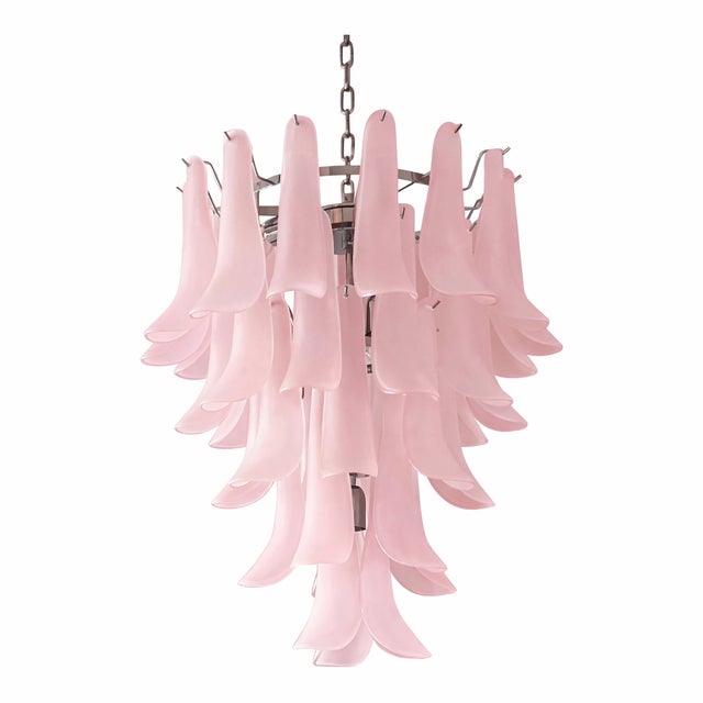 Mid-Century Modern Contemporary Pink Frosted "Selle" Murano Glass Chandelier in Mazzega Style For Sale - Image 3 of 8