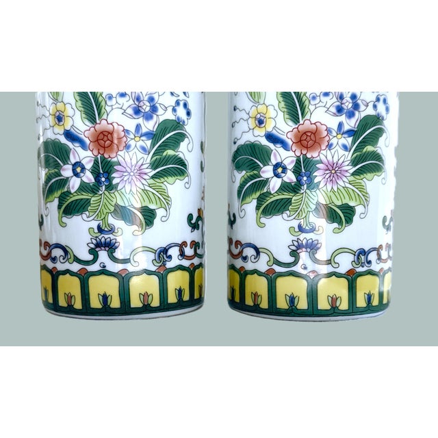 Late 20th Century Pair of Hand‑Painted Porcelain Brush Pots – Famille Rose Floral For Sale - Image 4 of 7